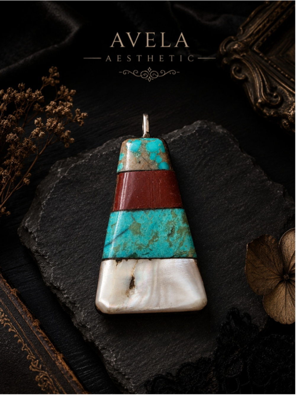 Southwestern Inlay Turquoise Red Jasper Mother of Pearl Trapezoid Pendant